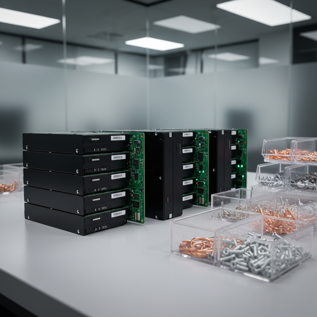 An array of elegantly stacked matte-black hard drives and luminous green circuit boards, arranged atop a smooth, light grey workbench in a spotless technology workshop. Surrounding elements include small, transparent organizational bins filled with intricate copper and silver components, all set against a background of frosted glass partitions. Bright overhead LED panel lighting illuminates the scene evenly, highlighting textures and creating subtle reflections off metallic surfaces. The mood is precise, technical, and orderly. The composition features an eye-level, close-up perspective with asymmetrical balance—sharp focus on the hardware’s texture for a clean, modern, and realistic aesthetic, emphasizing data handling and compliant IT disposal.
