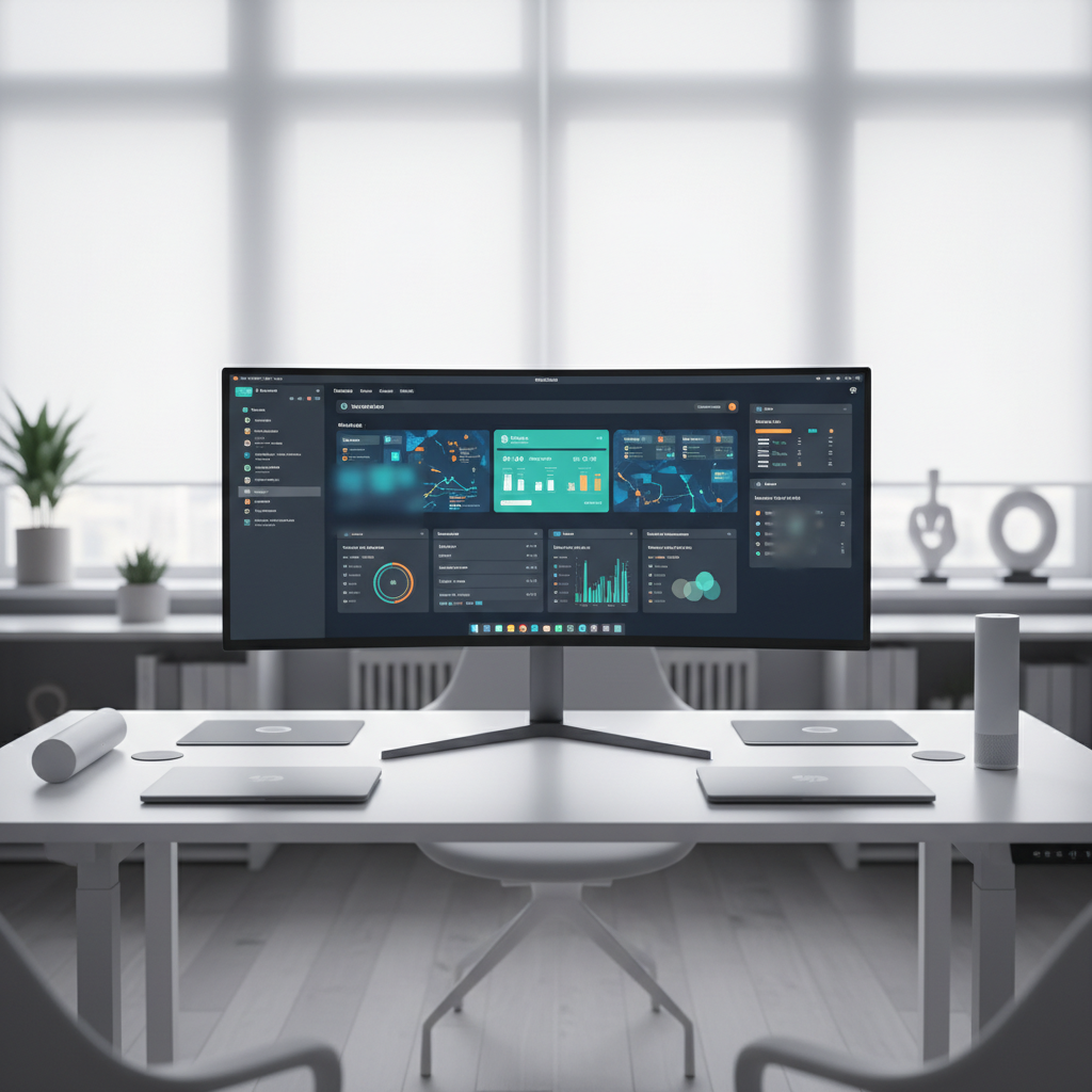 A state-of-the-art, razor-thin, ultra-wide monitor displaying a vibrant, visually secure dashboard interface with subtle privacy blur effects. It sits on a matte white standing desk in a contemporary workspace surrounded by minimalist decor—closed, soft grey laptops and geometric, wireless devices. Ambient daylight is filtered through translucent blinds, casting a soft, even glow across the workspace, diffusing shadows and imbuing the scene with a calm, productive ambience. The composition uses a symmetrical, centered layout, with the monitor in sharp focus and a depth of field that gently softens the background. The aesthetic is clean and modern, ideal for communicating professional IT supervision and transparency.