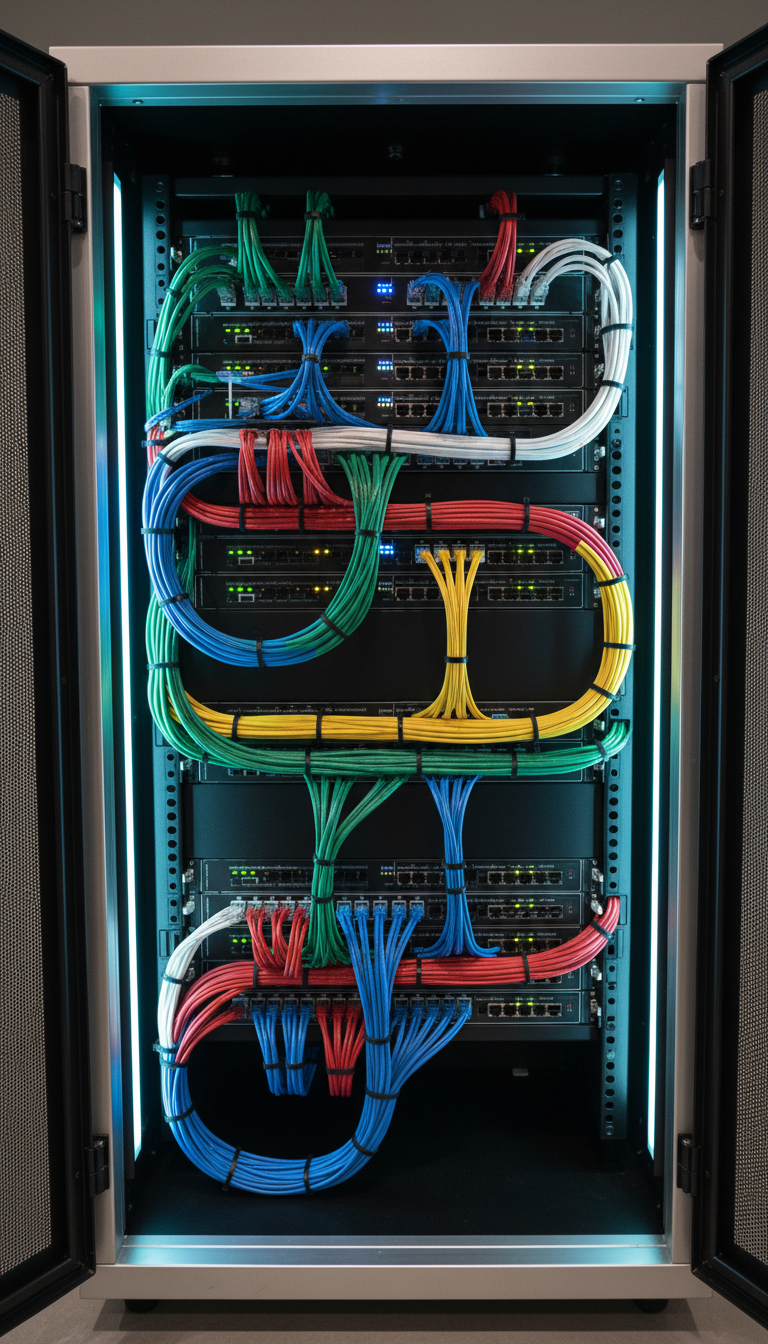 A methodically organized, color-coded network cable management system inside a sleek, brushed steel server cabinet, arranged with precision against a background of matte black panels and faintly glowing status indicators. The lighting is cool, with indirect LED strips running along the cabinet edges, producing a futuristic glow and casting defined, delicate shadows between the cables. The mood is calm, controlled, and distinctly high-tech. The angle is from just above eye-level, offering an immersive sense of depth into the cabinet. The overall image style is modern minimalism with hyperrealistic detail, emphasizing prevention and network efficiency—perfectly suited for an IT support and infrastructure site.