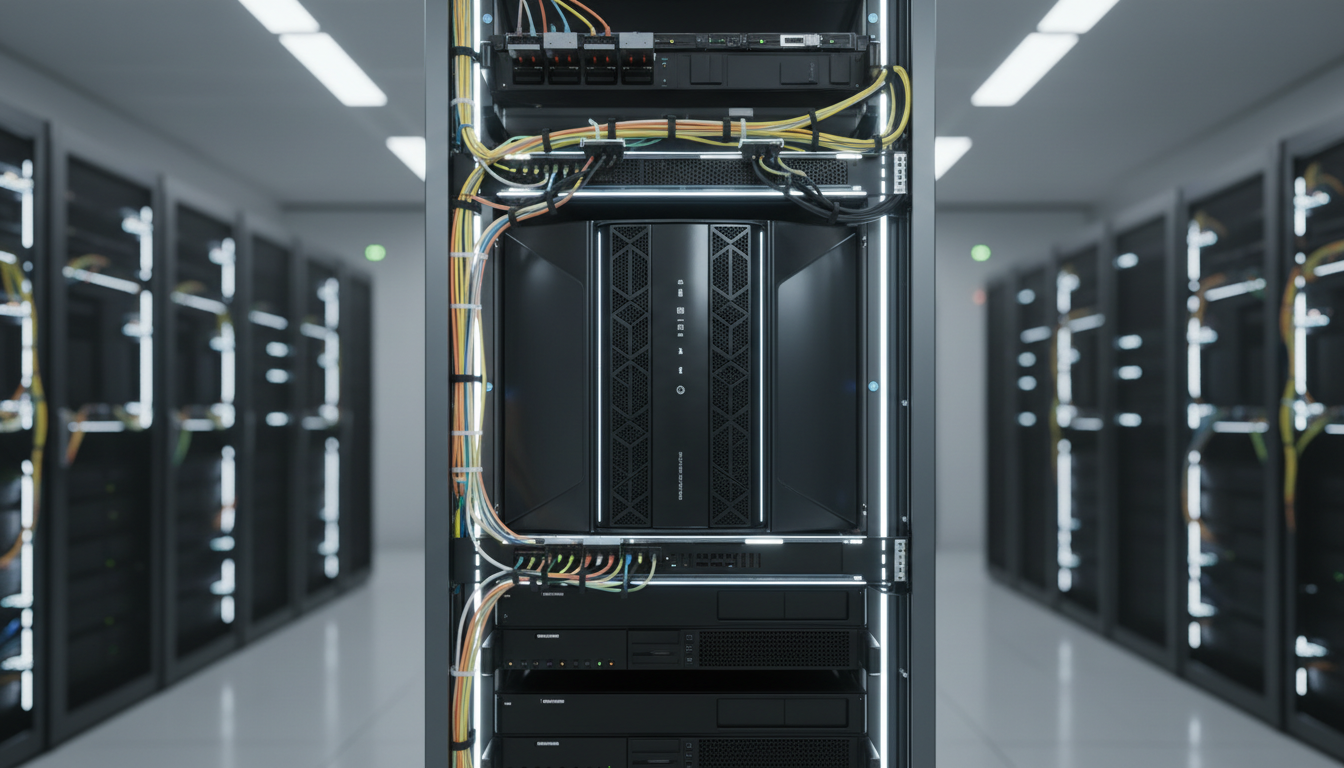 A sleek, black enterprise-grade network server with subtle blue LED accents, featuring intricate vent patterns and a polished metallic surface, sits securely in a modern data center rack. The setting is a pristine server room, with shimmering, cable-managed pathways and other silent, matte-black equipment extending into a softly blurred background. Cool, diffused overhead LED lighting casts smooth reflections on the server’s surface and creates gentle shadows, emphasizing a calm, reliable mood. The camera is at eye-level with a centered composition, showcasing the front profile with a hint of depth as the surrounding infrastructure fades into a soft bokeh. The image style is clean, modern, and minimalist, reflecting cutting-edge IT professionalism.